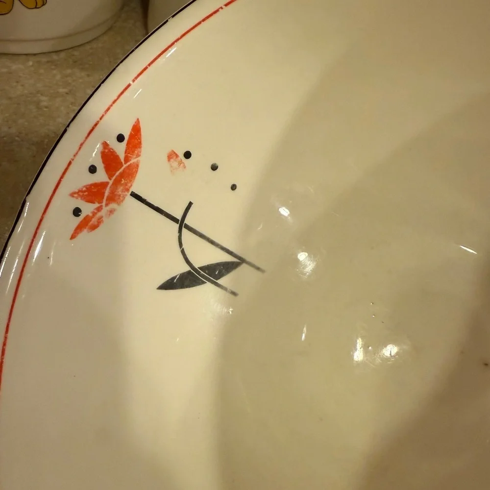 Vintage Harker Hotoven Ceramic Pottery Bowl White Dish Red Flower